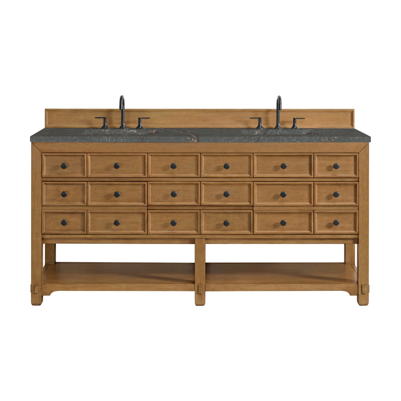 Meuble-lavabo double l 72 po Malibu, Bleu Parisien, À entraxe, Bouleau ambré