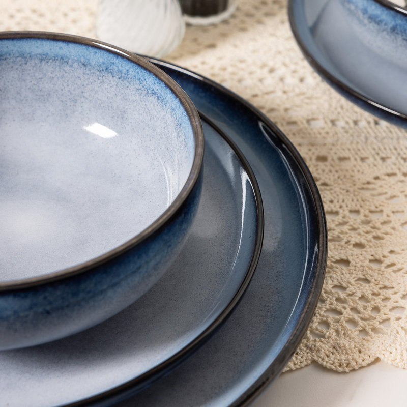 Ensemble de vaisselle en grès de 12 pièces, assiettes et bols pour 4 personnes Lumina, Bleu