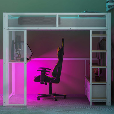 Lit mezzanine en métal pleine grandeur avec DEL, bureau, garde-robe ouverte et 3 tiroirs de rangement en lin