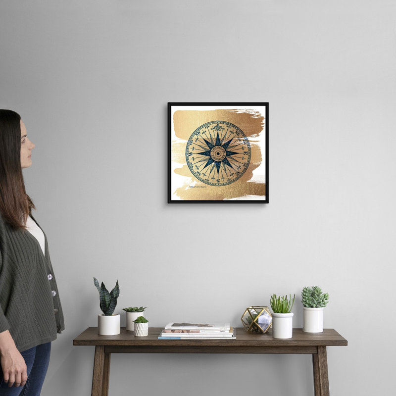 Or brossé rose Compass-impression sur toile, H 18 po x l 18 po x P 1,75 po, Cadre noir