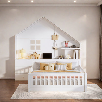 Full Size House Bed With Window And Bedside Drawers, Platform Bed With Shelves And A Set Of Sockets And USB Port