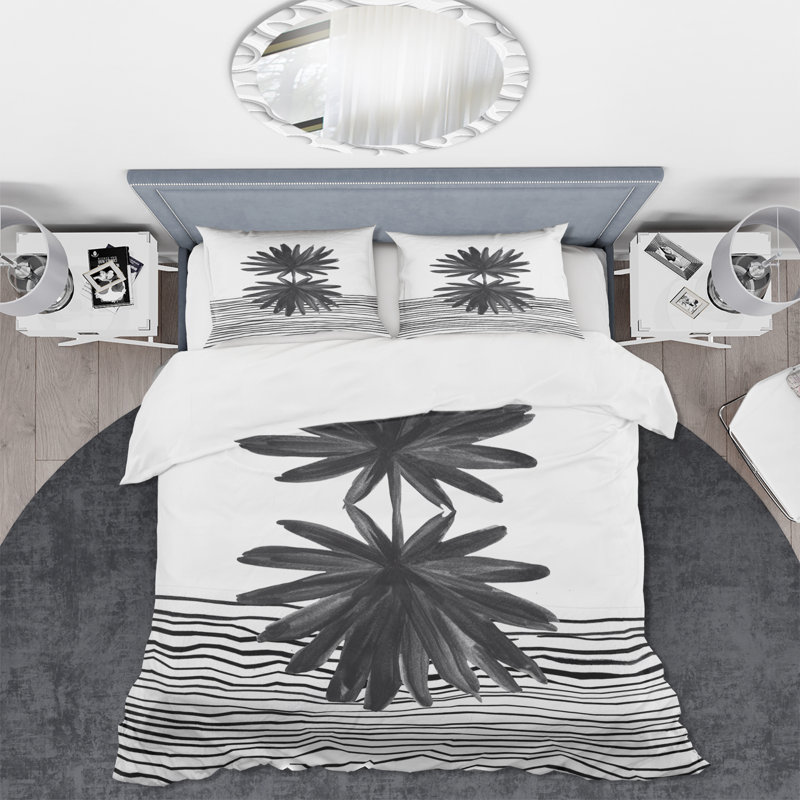 Ensemble de housse de couette moderne noir et blanc à motif de feuilles tropicales rayées II - microfibre de polyester