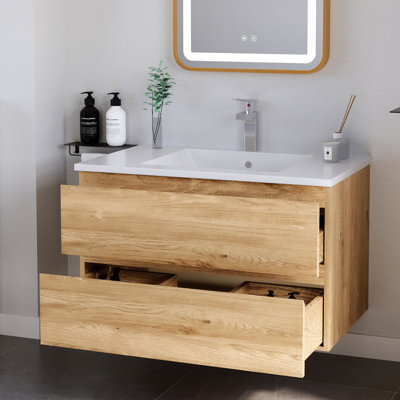 30" Wall Mounted Bathroom Vanity with Sink Modern Floating Bathroom Cabinet with 2 Soft-Close Drawers,Nature