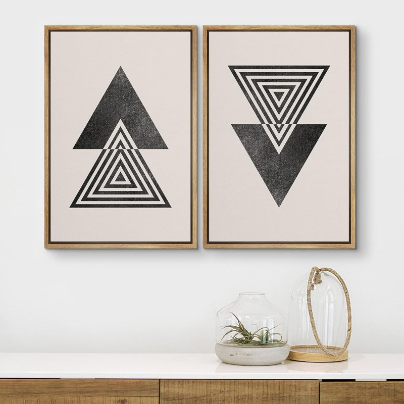 Mid-Century Spiral Triangle Polygon Variety Abstract Shapes Modern Minimalist, 36" H x 48" W x 1.5" D, Natural Floater Framed
