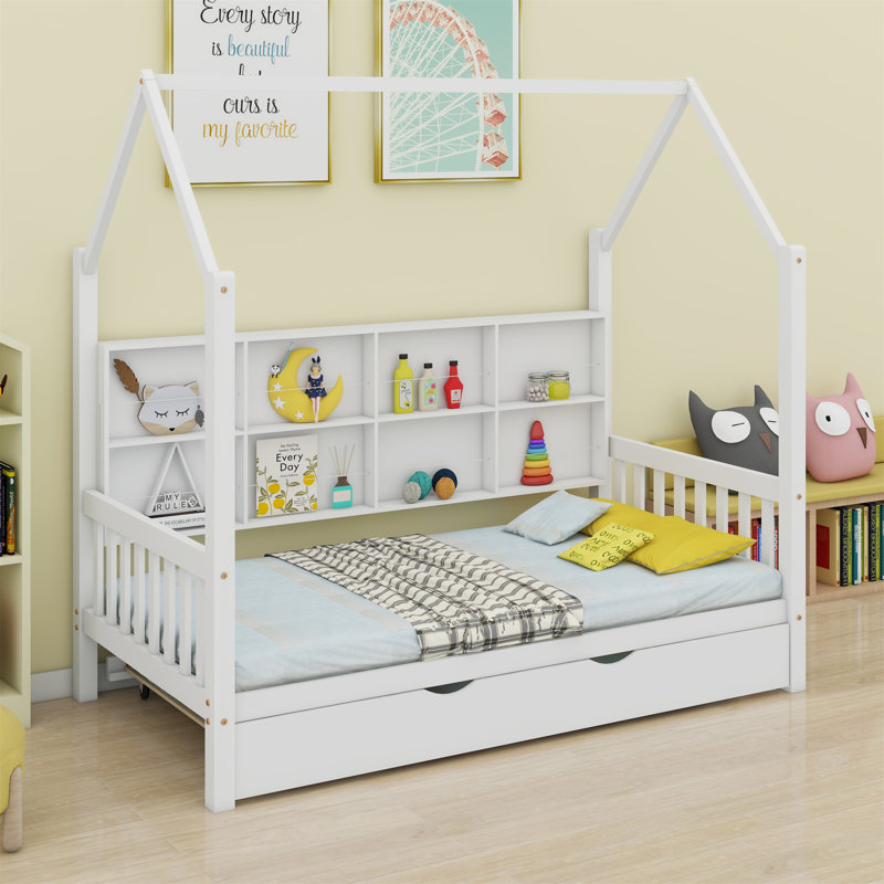 Lit House avec lit gigogne, lit pour enfant avec tablette