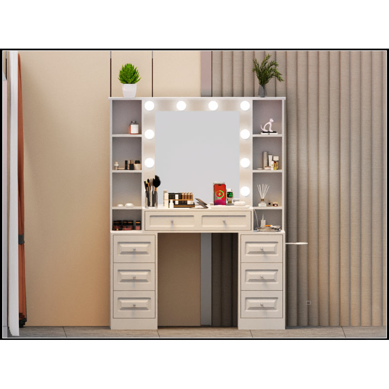 Bureau de coiffeuse moderne avec miroir éclairé et station de charge, rangement spacieux pour le maquillage et les accessoires