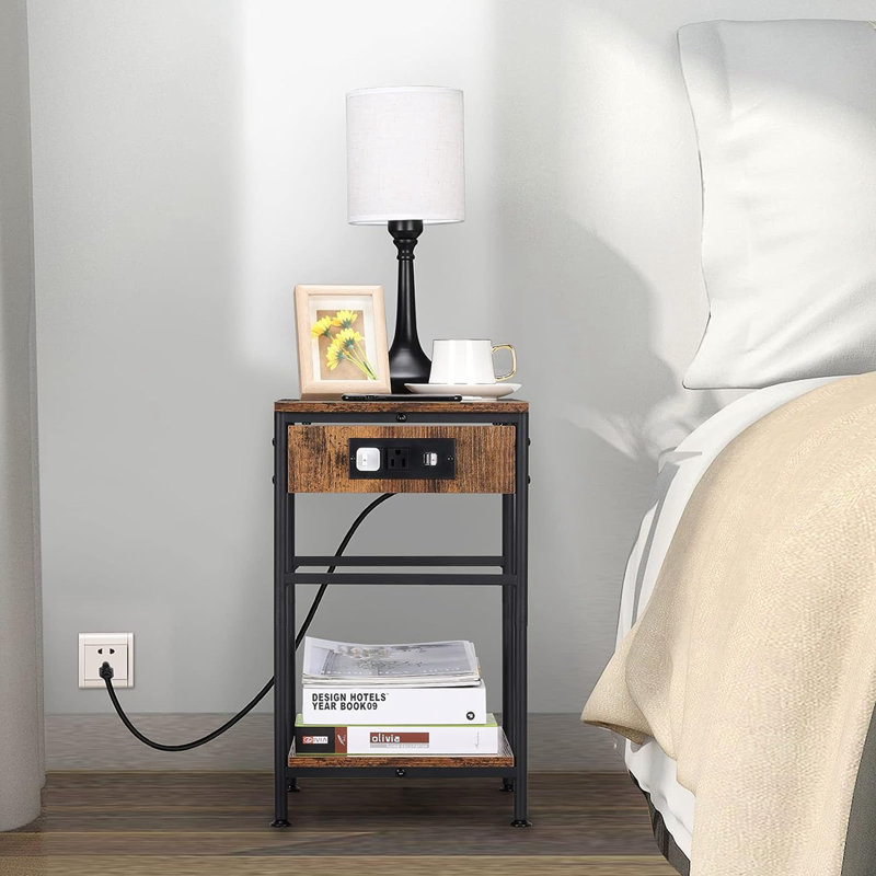 Buhler Top End Table Set End Table with Storage and Built-In Electrical Outlet, Brown