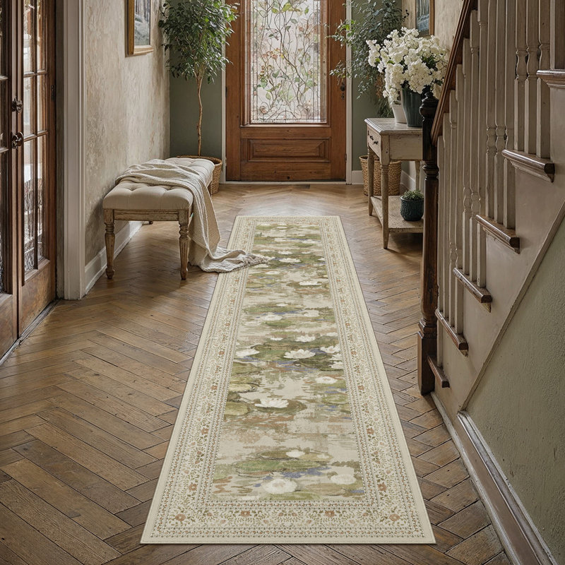 Aura Waterlily Art Machine Washable Area Rug, Beige, Runner 2' x 8'