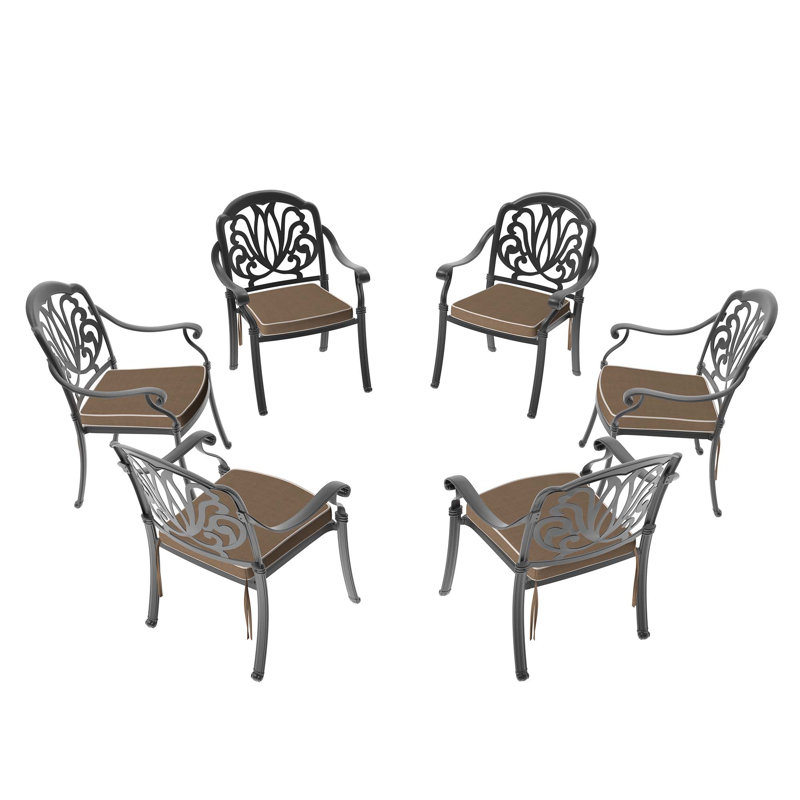 Chaise de patio en fonte d'aluminium 6 pièces avec cadre noir et coussins bruns (Identique à: W1710S00507)