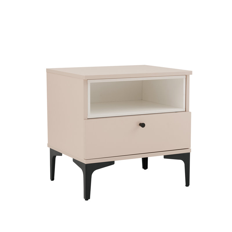 Amara 20" W Modern Nightstand with 1 Full Extension Drawer and Metal Legs in Pale Rose and White, Pale Rose/White