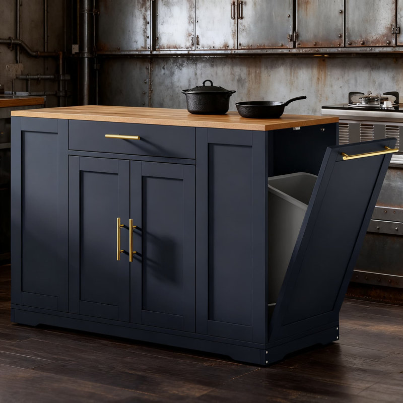Îlot de cuisine sur roulettes avec armoire à poubelle, chariot de cuisine roulant de 53 pouces avec rangement inclinable pour poubelle de 13 gallons, support à épices, tiroir et tablette réglable
