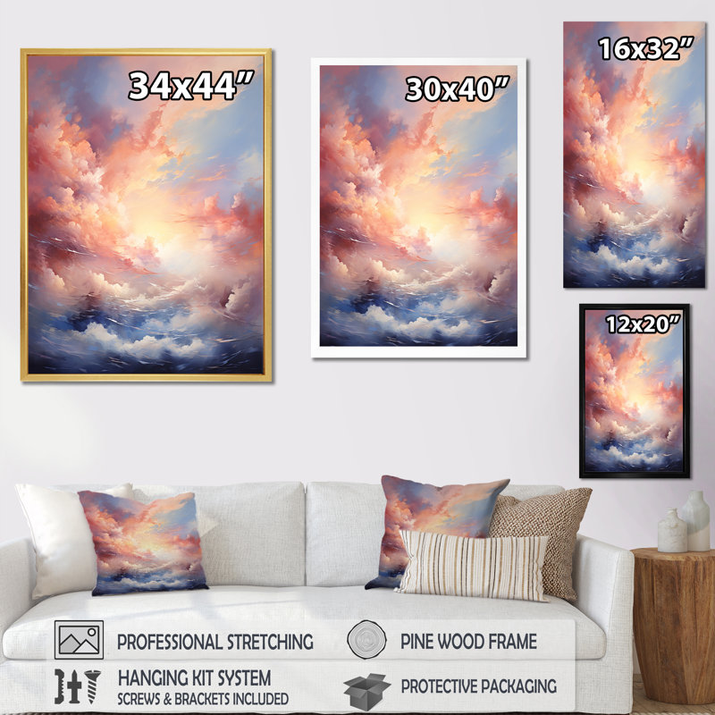 Atmosphère mystique du ciel sur toile, Cadre simple blanc, H 32 po x l 16 po x P 1 po
