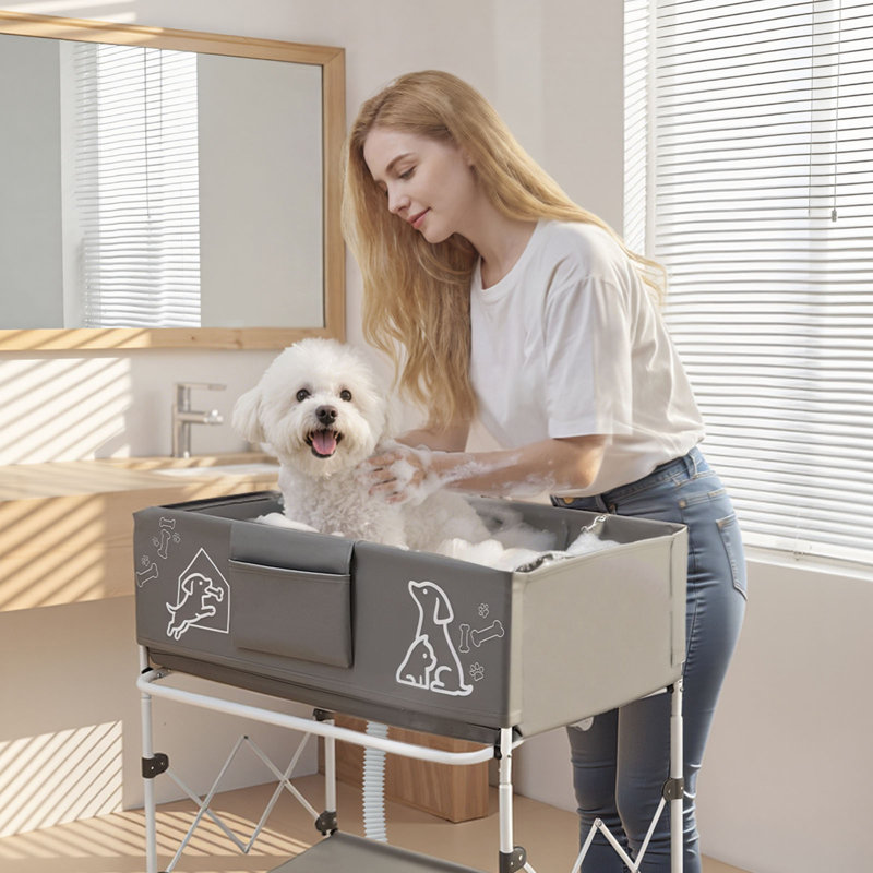 Baignoire pour chien, baignoire surélevée pour chien, station de lavage pliable pour toilettage pour animaux, pliable et portable, peu encombrant, avec tuyau de drainage intégré pour petits et moyens chats d'intérieur et d'extérieur, gris