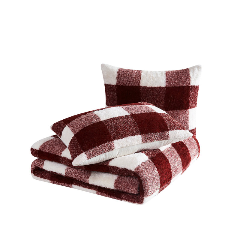 Cannon Cozy Buffalo Check Comforter Set, Burgundy Plaid, King Comforter + 2 King Shams