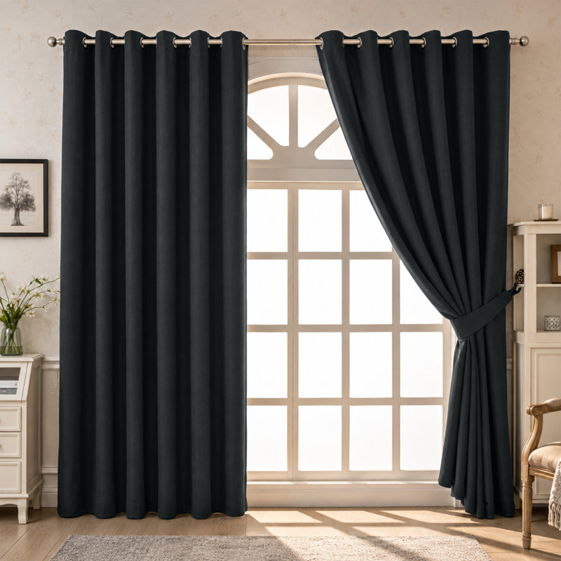 100 % Polyester Blackout Eyelet Room Darkening  Thermal Curtain (Set of 2), 228 cm Width x 228 cm Drop, Black