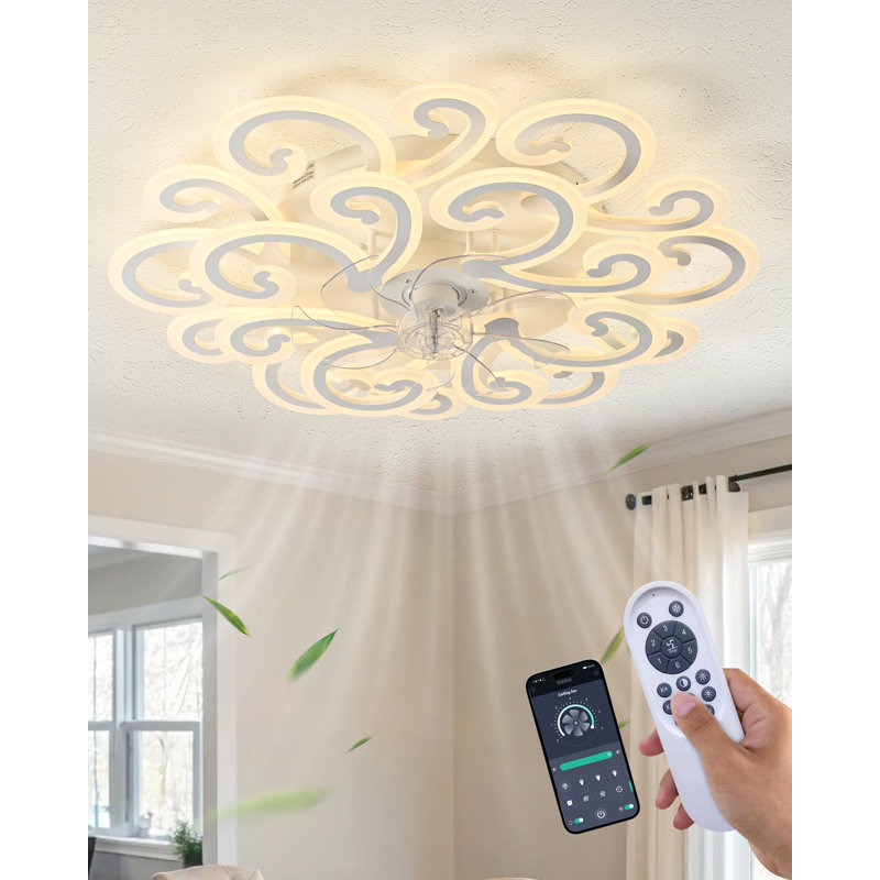 Ventilateur de plafond intelligent avec lumière, ventilateur de plafond télécommandé avec lumière, moteur à courant continu réversible, réglage à 6 vitesses, à intensité variable, fonction mémoire, idéal pour les chambres à coucher