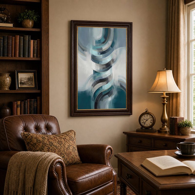 Tableau abstrait bleu et turquoise à coups de pinceau tourbillonnants sur toile, H 24 po x l 16 po