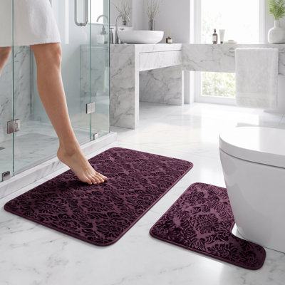 Ensemble de tapis de salle de bain à motif floral, tapis de bain et de toilette 2 pièces, tapis mauve doux, absorbant, antidérapant, tapis de bain lavable à la machine et tapis de toilette contour, 39,5 po x 23,5 po + 20 po x 23,5 po