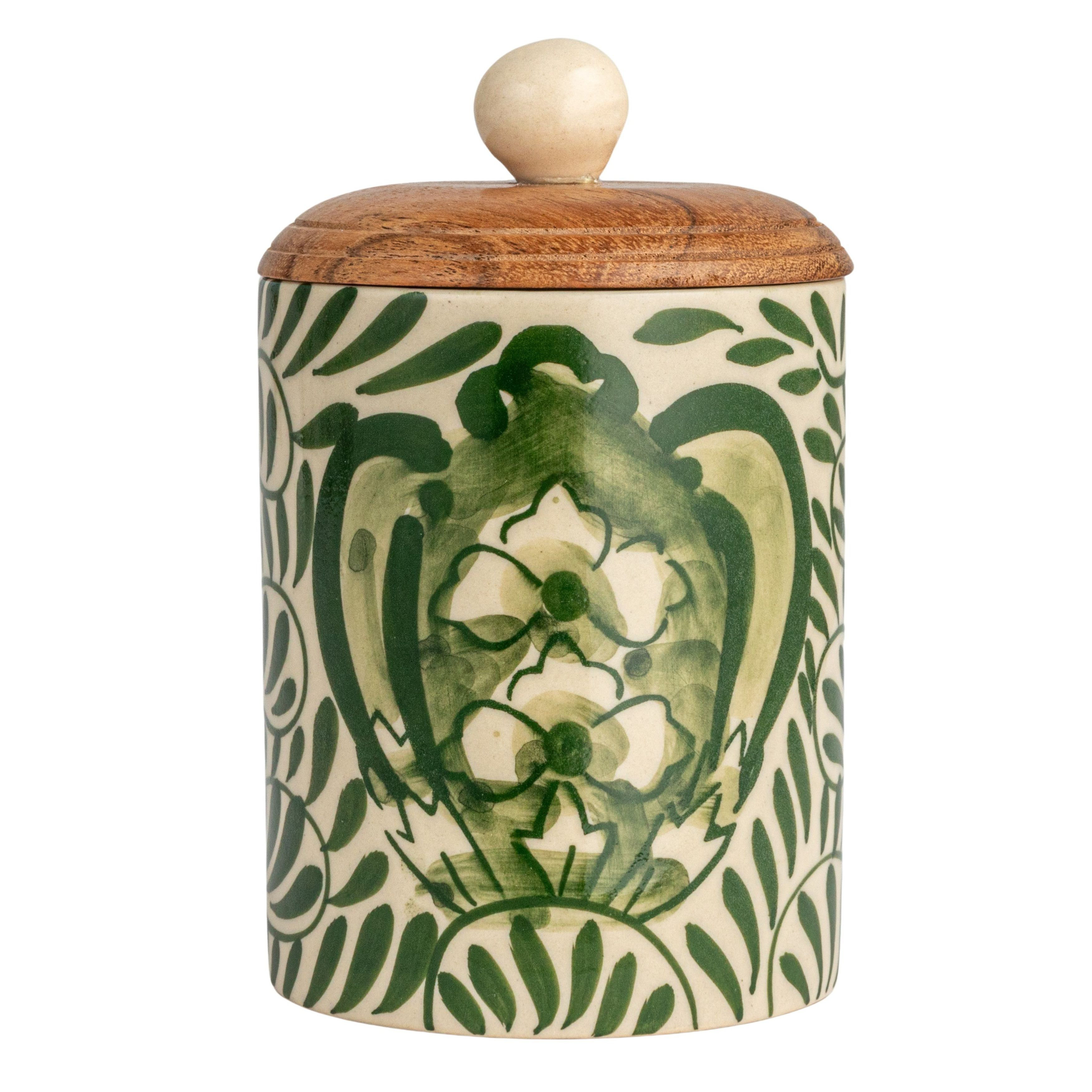 Winston Porter Stoneware Canister with Botanical Design and Acacia Wood Lid, Green & Reviews | Wayfair