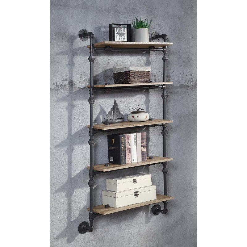 Étagère murale à 5 niveaux avec tube en métal, chêne et noir sable, H 59,07 po x l 28,07 po x P 9,07 po