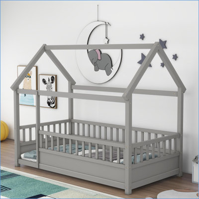 Twin Size Pine Wood Platform Floor Bed with House Roof &amp; High Guardrails Gray Bedroom