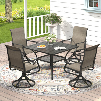 4-Person Patio Dining Set with Square Dining Table with Umbrella Hole and PVC-coated polyester Swivel Chairs