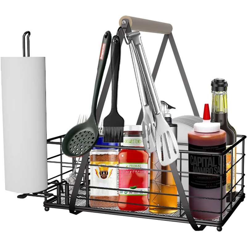 Picnic Caddy And Grill Utensil Caddy,Condiment Caddy, Grill-Caddy,Adjustable Compartment Storage,With 3 Hooks,Sturdy Thick,Easy Carry,Quick Assemble Grill Accessories Storage-Black