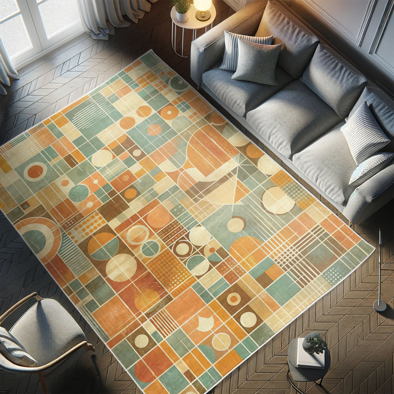Mid-Century Modern Blue and Burnt Sienna Synthetic Area Rug