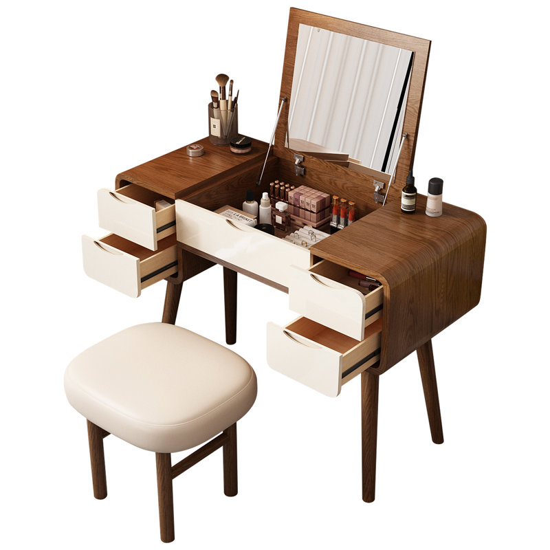 High-quality Makeup Vanity set, Includes makeup stool,Very easy to assemble,Hidden mirror, can be used as a desk, Walnut