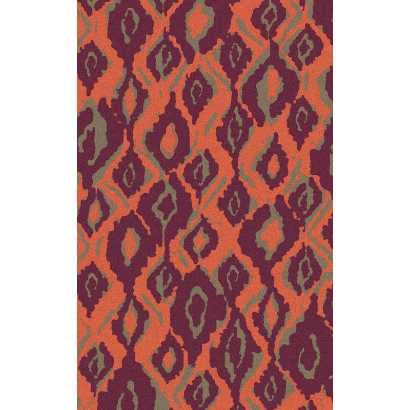 Tapis orange / mauve en coton tissé à la main Mann Ikat, Rectangle 8 pi x 11 pi