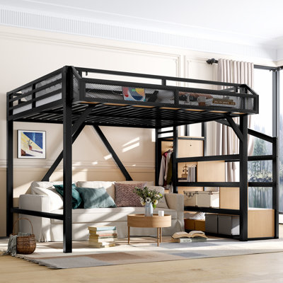 Queen Loft Bed with Storage Stairs, Shelves and Built-in Wardrobe, Metal Loft Bed Frame with USB Ports and LED Lights, Noise-reduced Design