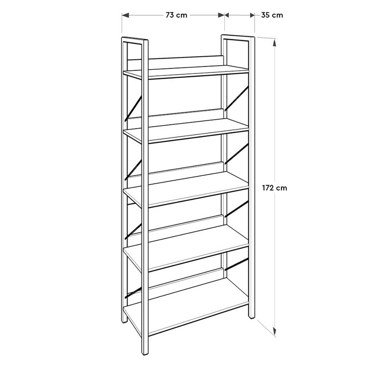 Bibliothèque industrielle moderne avec structure en métal, finition noyer et noire, 28,7 x 67,7 x 13,8 pouces | 100% panneau de particules enduit de mélamine, épaisseur: 0,6 pouce | Fixation murale, nombreuses tablettes pour la maison ou le bureau