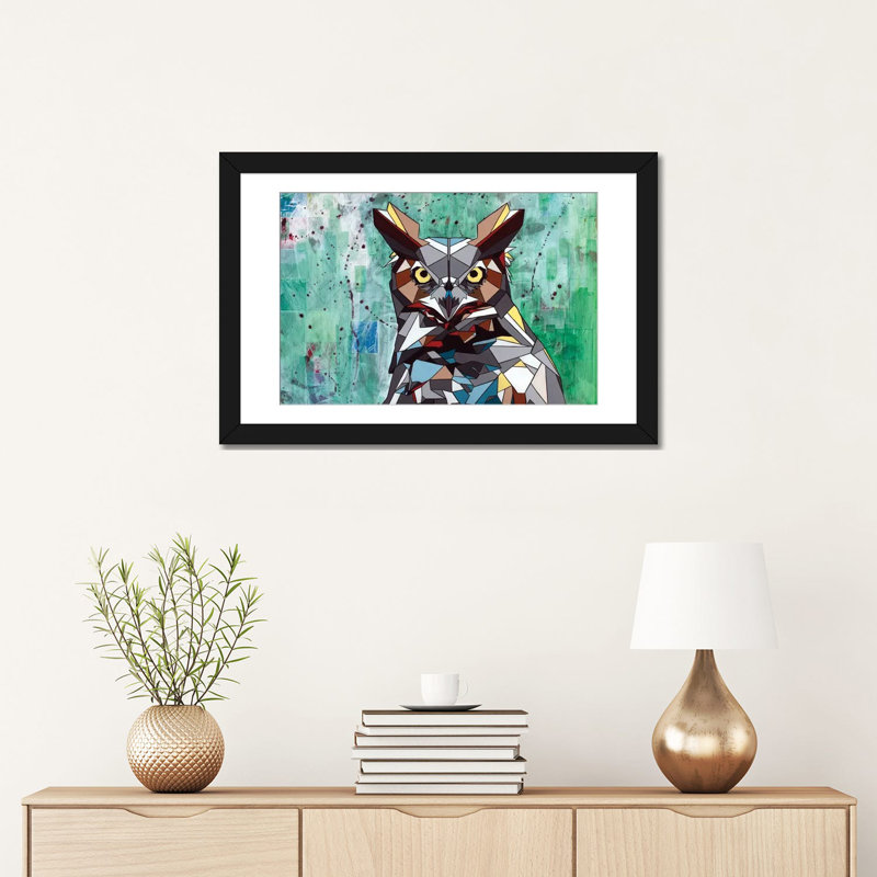 «Owl» par DAAS, impression sur toile tendue, H 26 po x l 40 po x P 1,5 po, Papier beaux-arts encadré noir, Pas de tapis