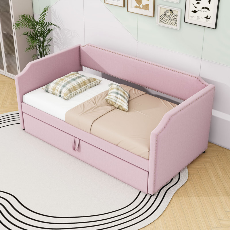 Upholstered Daybed with Trundle, Pink