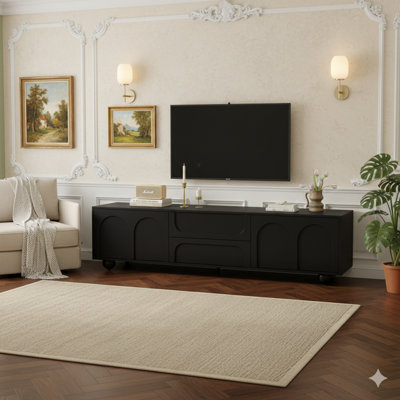 Meuble télé de style crème avec portes arquées et deux tiroirs pour téléviseurs de 75 po ou moins, console média minimaliste avec dispositif de rebond, centre de divertissement sur cinq pieds ronds en fer pour le salon ou la chambre à coucher, finition noire
