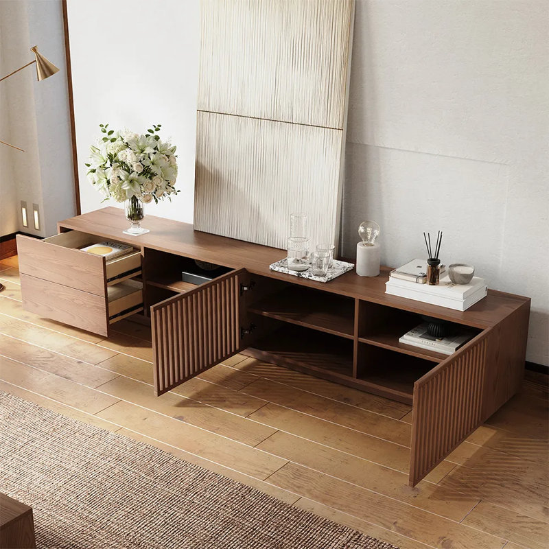 Meuble télé Mid-Century moderne, entièrement assemblé, Brun, H 19,69 po x L 15,75 po x l 94,48 po