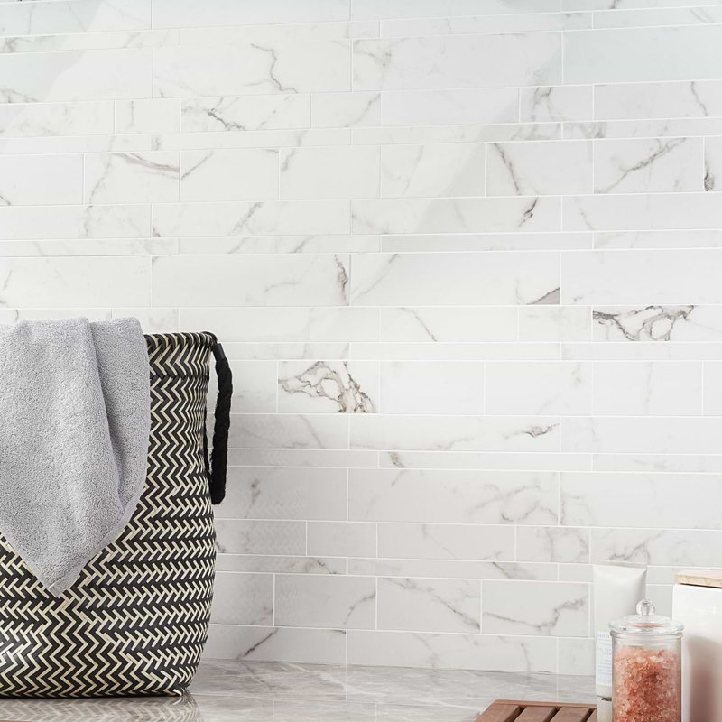 Dreamstone Railroad Porcelain Mosaic, Statuario Venato Polished