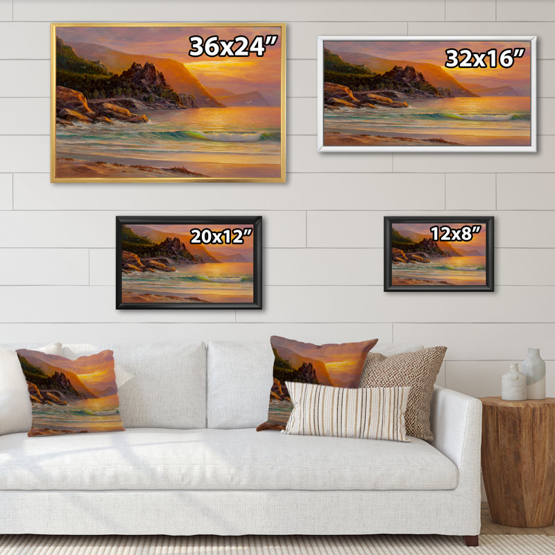 «Ocean Sunset And Waves IV», reproduction sur toile flottante, H 12 po x l 20 po x P 1 po, Cadre naturel flottant