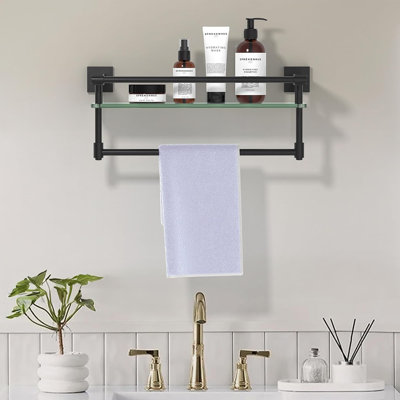 16 inch Wall Mounted Bathroom Glass Shelf with Towel Rack: SUS304 Stainless Steel & Tempered Glass