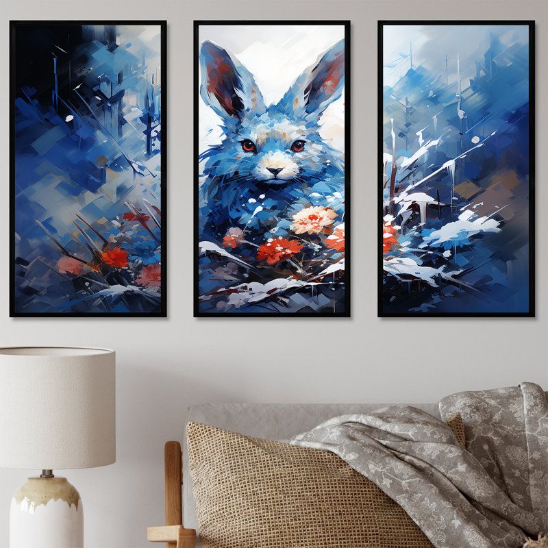 «Blue Rabbit Winter Solitude - Lapin», art mural, H 28 po x l 36 po, Cadre flottant noir