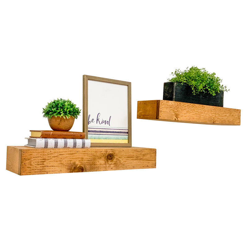 2 Piece Pine Floating Shelf, Light Brown, 3.75" H x 30" W x 6" D