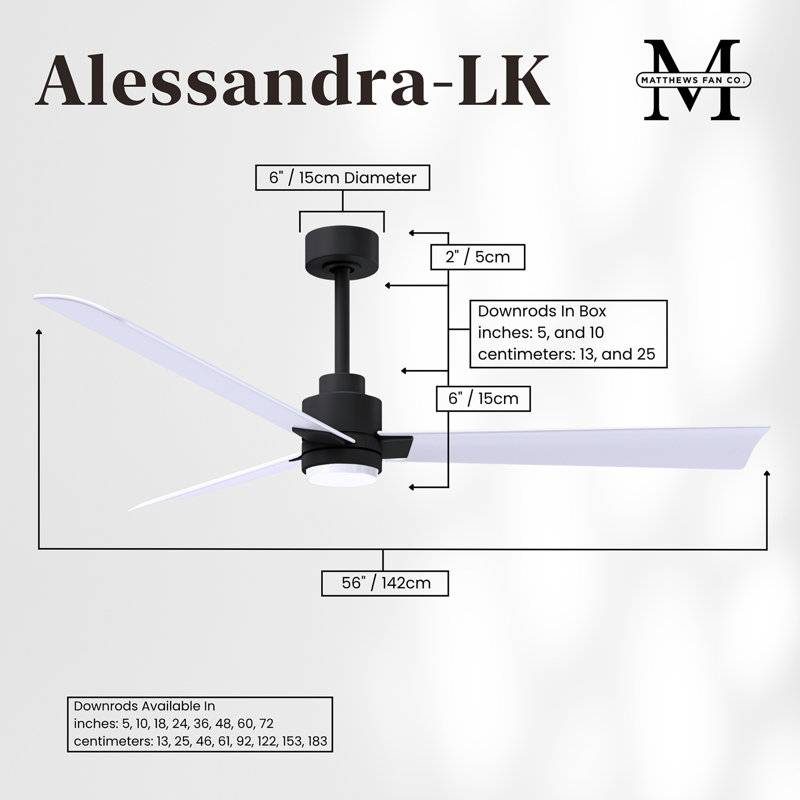 Alessandra - Three Blade Transitional Ceiling Fan -LED, Matte Black, Matte White, 56"