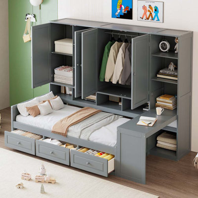Lit de jour à 3 tiroirs avec bureau, armoire de rangement, bibliothèque, armoire