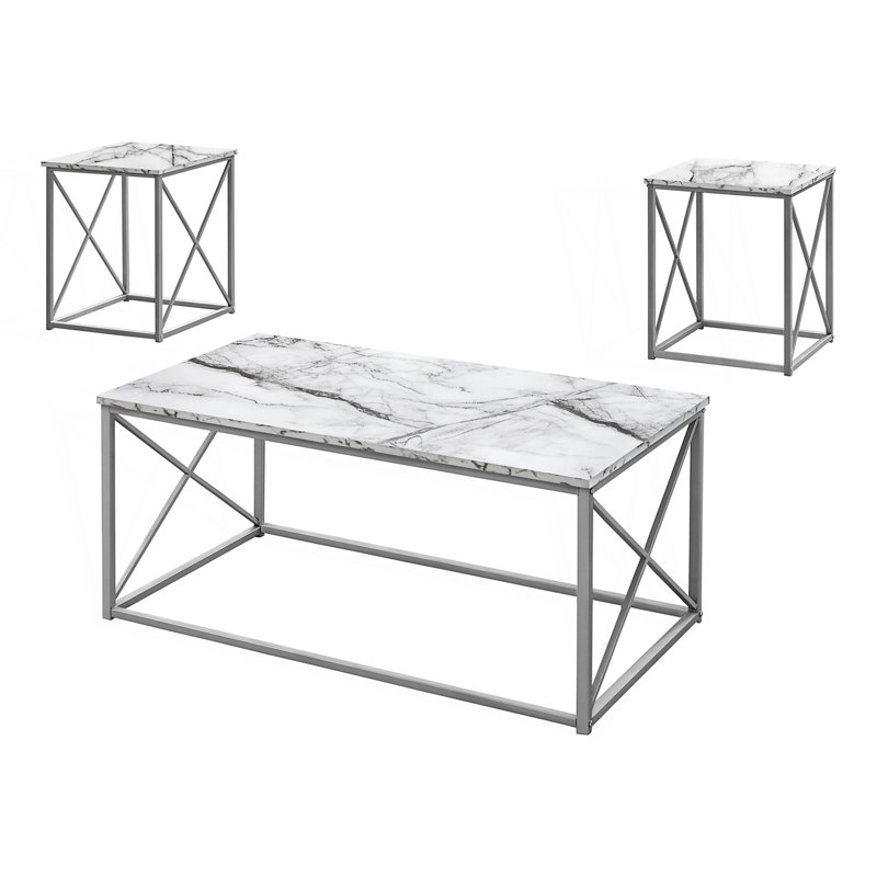 Ensemble de table 3 pièces pour salon, table basse et 2 tables de bout, table centrale, Blanc, Marbre