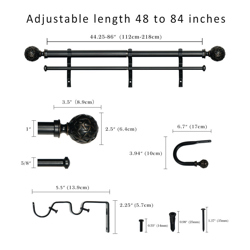 Tringle à rideaux double ajustable Devingo, 48” – 84”, Or noir