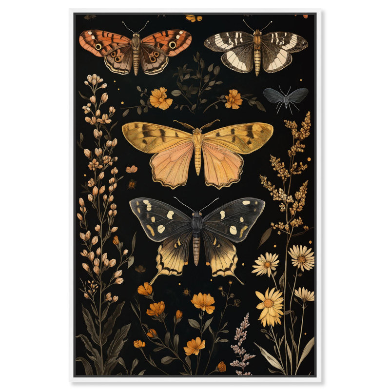«Winged visiteurs II», décoration botanique sur toile par , H 46 po x l 31 po, Cadre flottant blanc