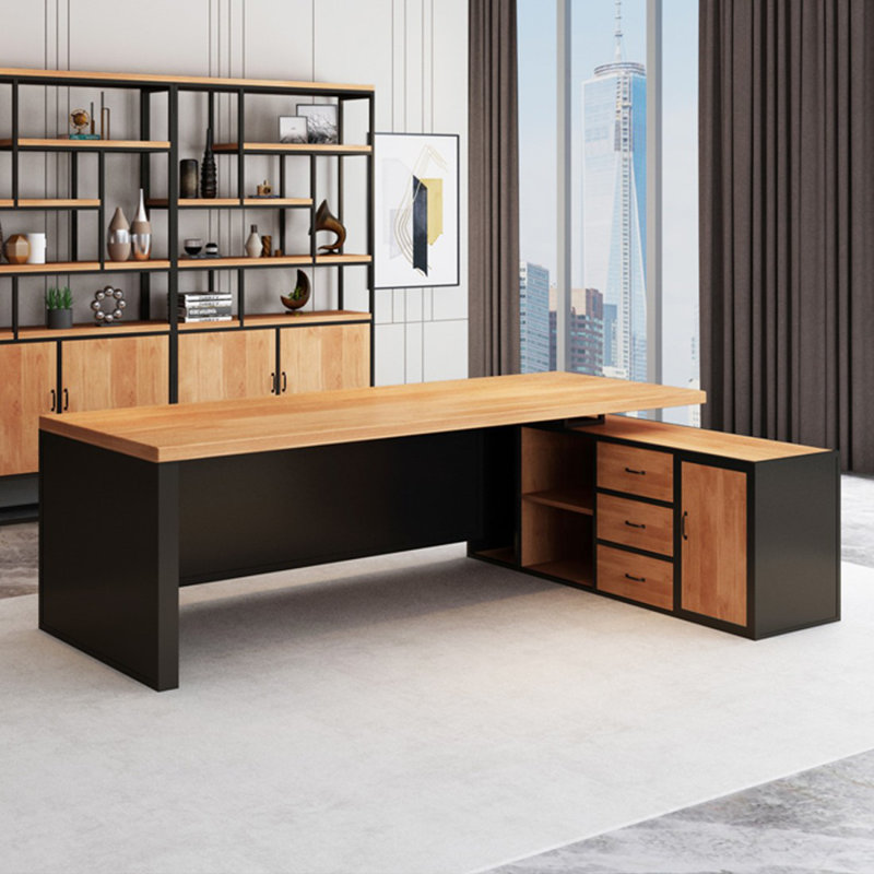 Bureau brun et noir rectangulaire en bois massif + fer avec 3 tiroirs, H 29,53 po x l 70,87 po x P 62,99 po