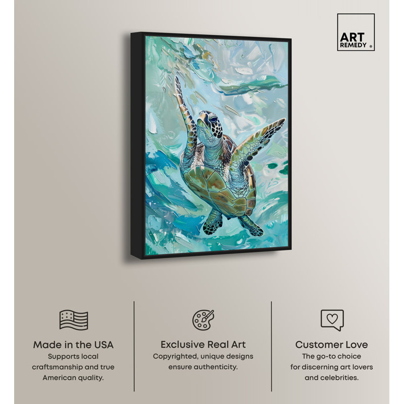Serene Turtle Coastal Canvas Wall Art with Black Frame, 46" x 31"