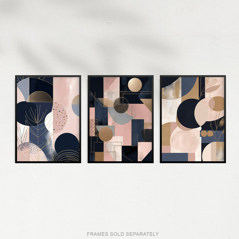 Abstract Geometric Soft Pastel Pink Gold Blue - 3 Piece No Frame Print Set, 40.5cm H x 30.5cm W x 0.3cm D
