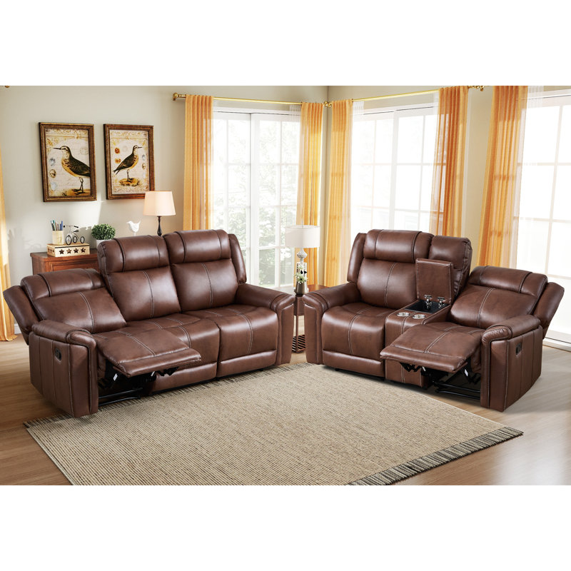 Ensemble de salon inclinable manuel en similicuir 2 pièces - Siège spacieux avec rangement et porte-gobelets, Brun